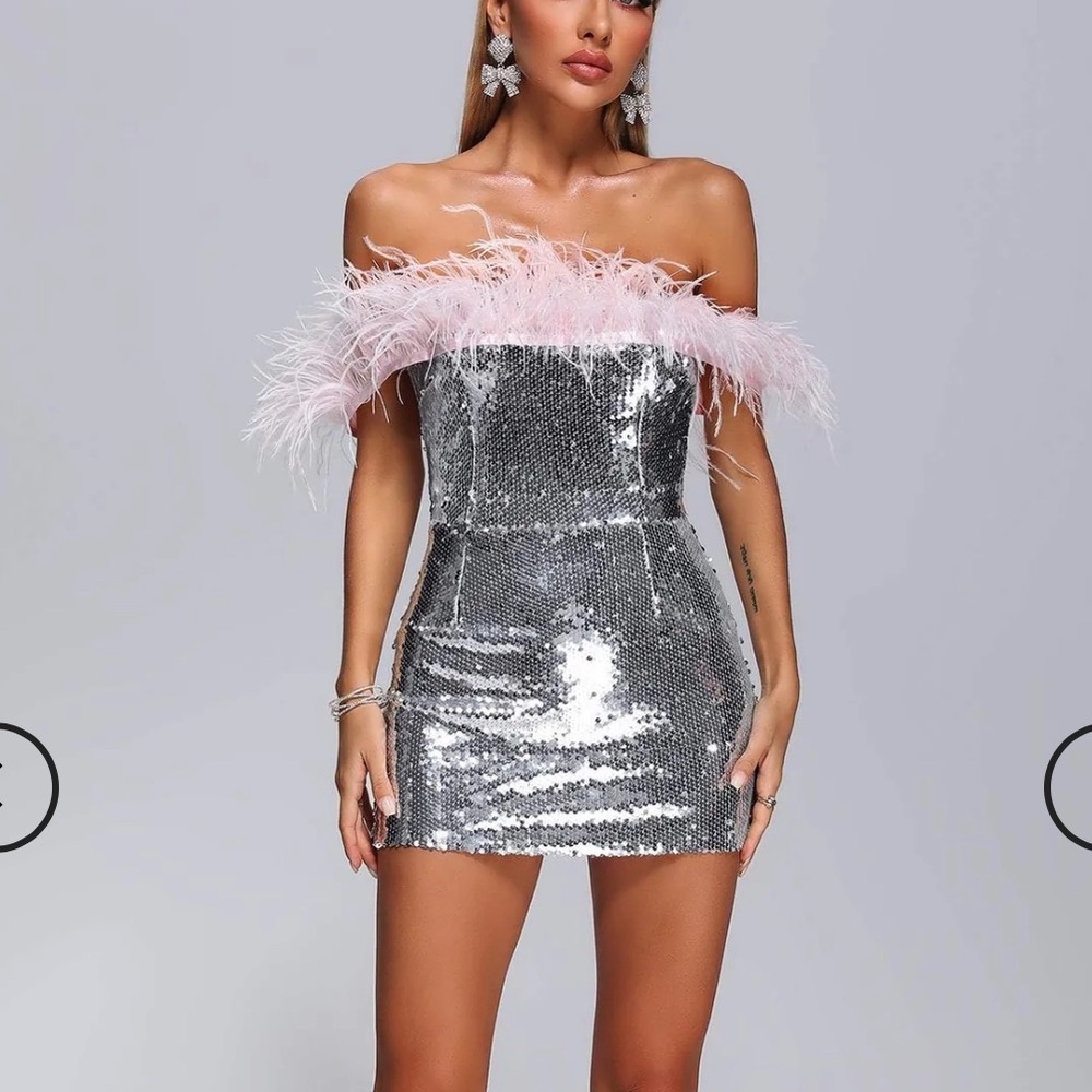 NEVER WORN - SEQUIN MINI DRESS WITH PINK FEATHERS